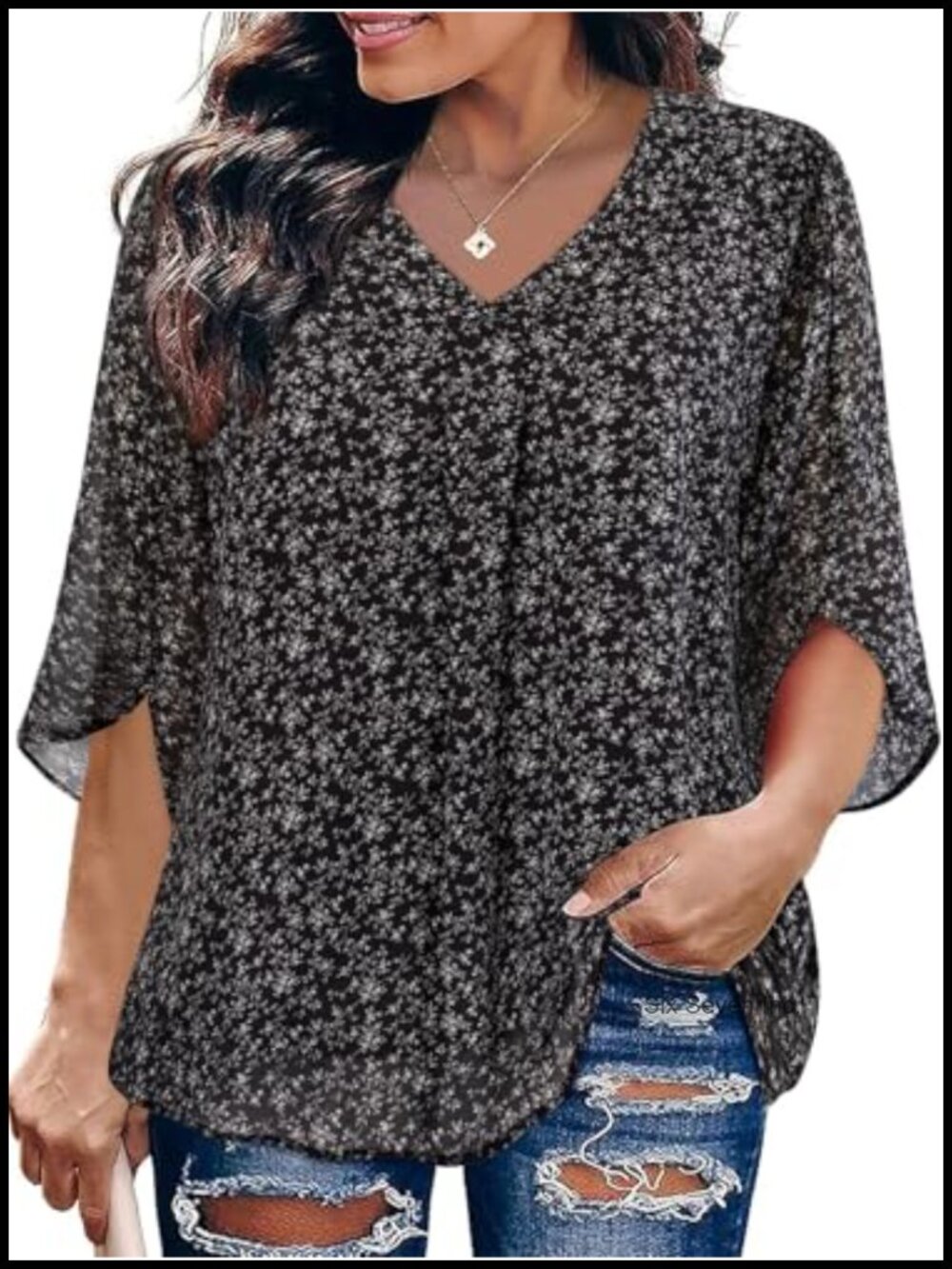 Plus Size Chiffon Blouse V-Neck 3/4 Bell Sleeve Loose Fit Dressy Casual Top